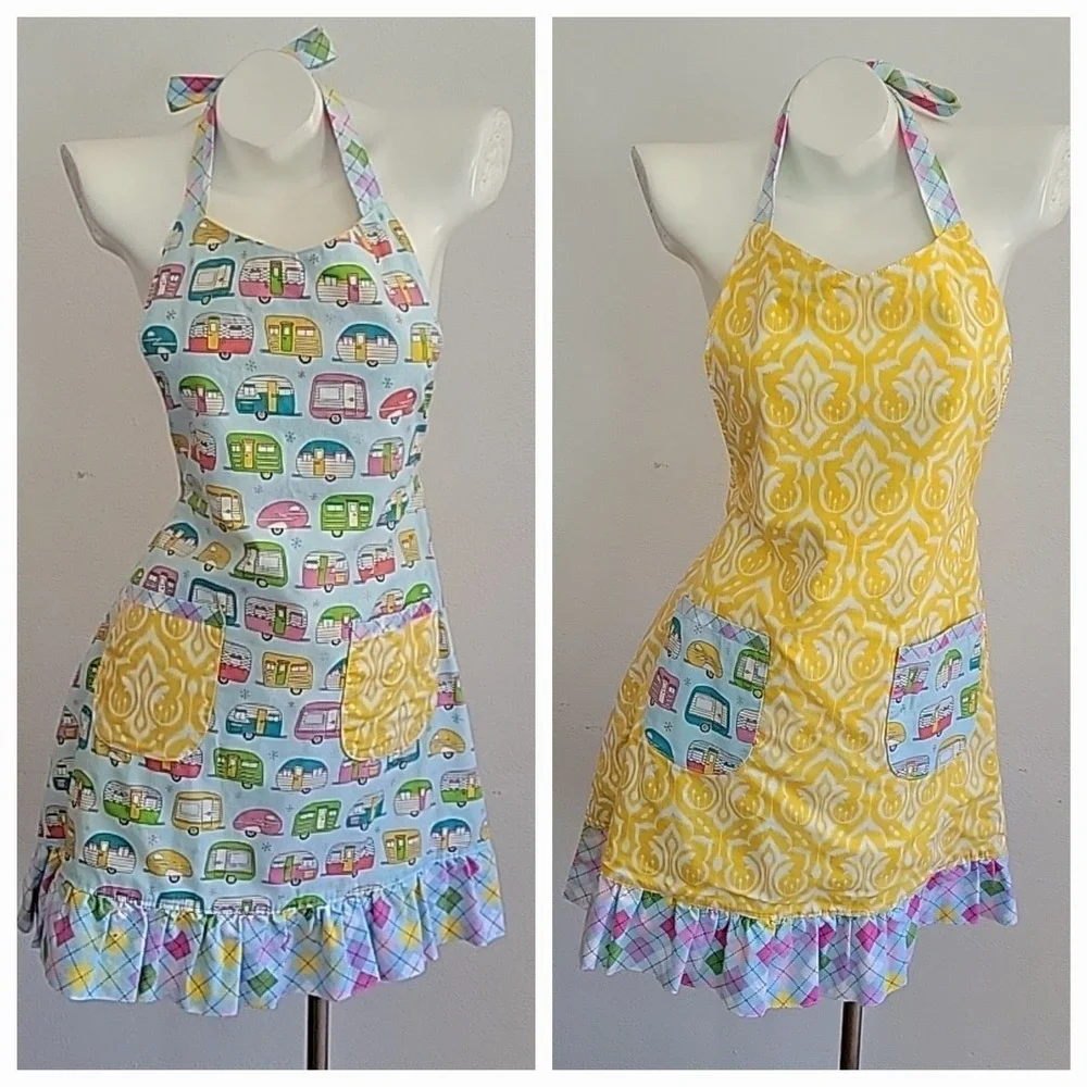 Handmade Halter Apron Retro Campers Damask Print Reversible Self‎ Tie Mod Foodie